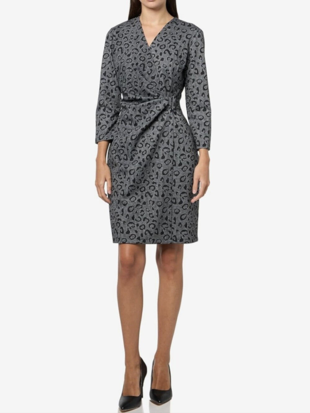 Anne Klein Grey Leopard-Print Wrap Midi Dress